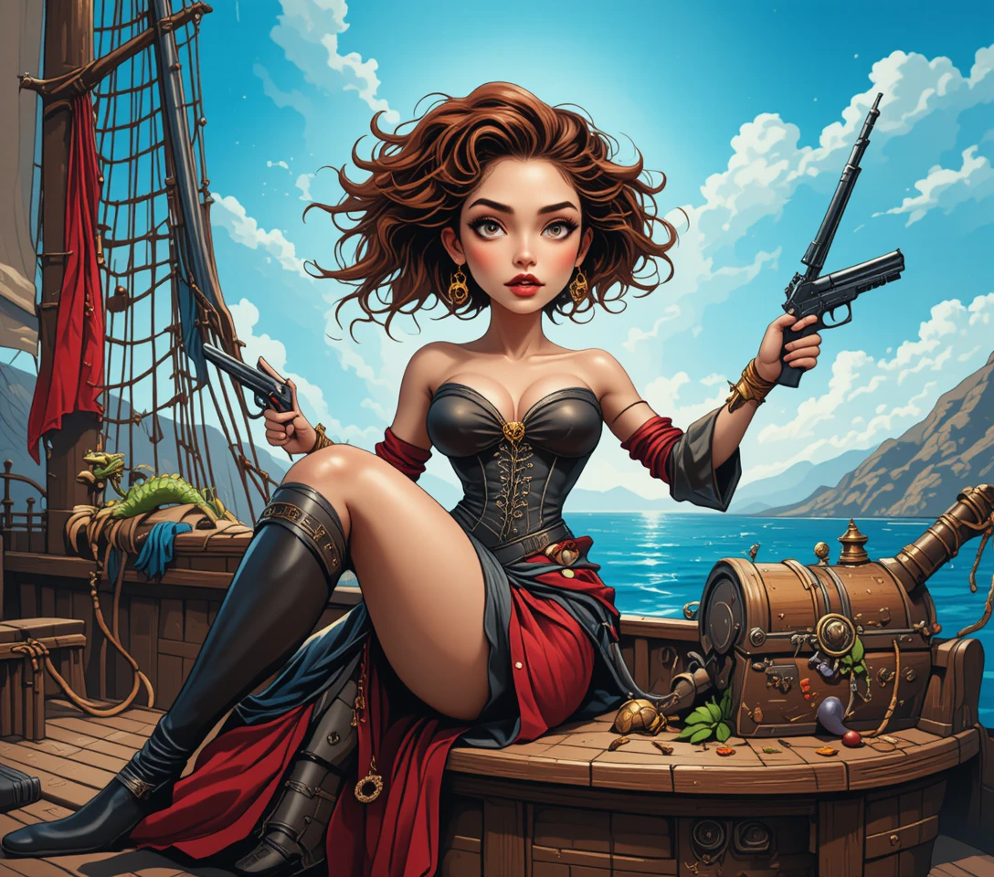 Piratessa sfregiata che si rilassa con le armi sul ponte della nave