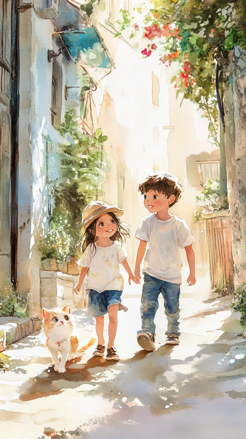 Aquarellkinder in einer sonnigen tunesischen Straße mit Katze