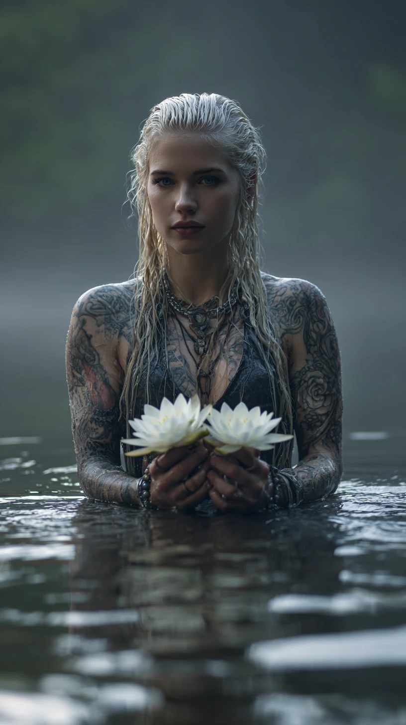 Tätowierte blonde Frau hält Lilien in einem nebligen See