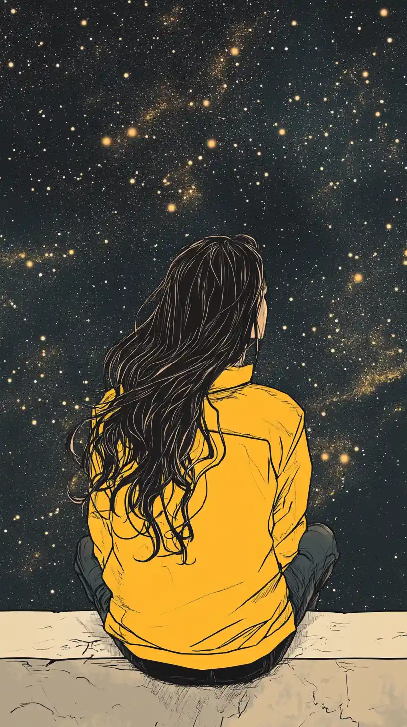 穿黃外套的女孩凝望星空