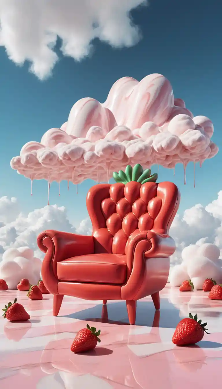 Poltrona alla Fragola Fusa che Fluttua in un Cielo di Nuvole di Zucchero