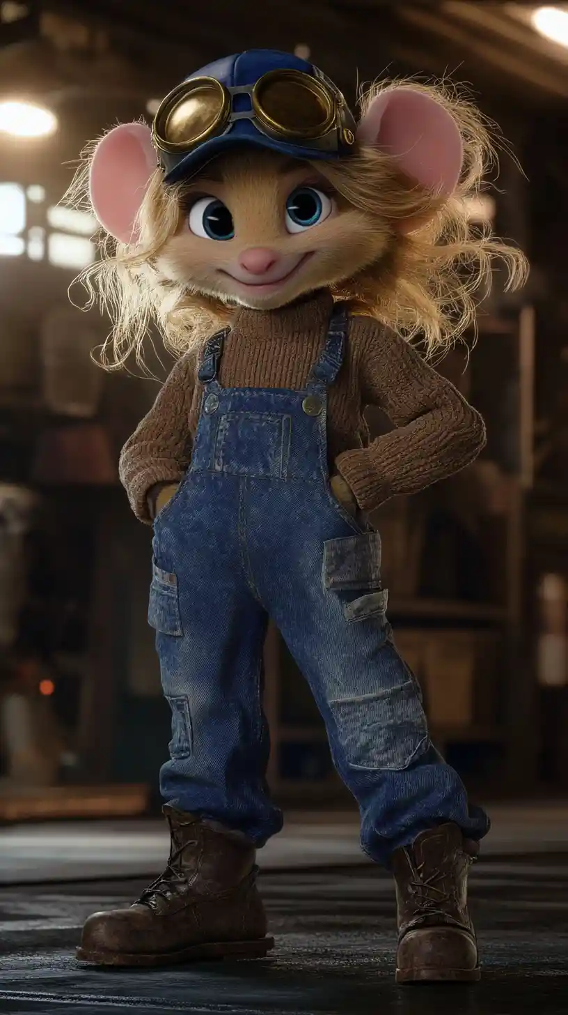 Personaggio di topo in stile Pixar con salopette di jeans