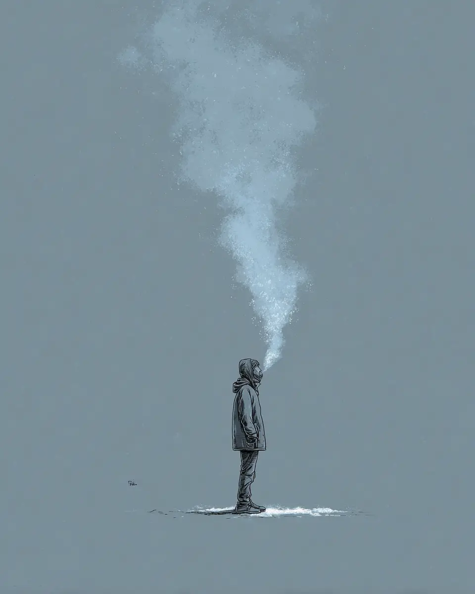 Ilustración de una figura solitaria respirando el aire frío de invierno