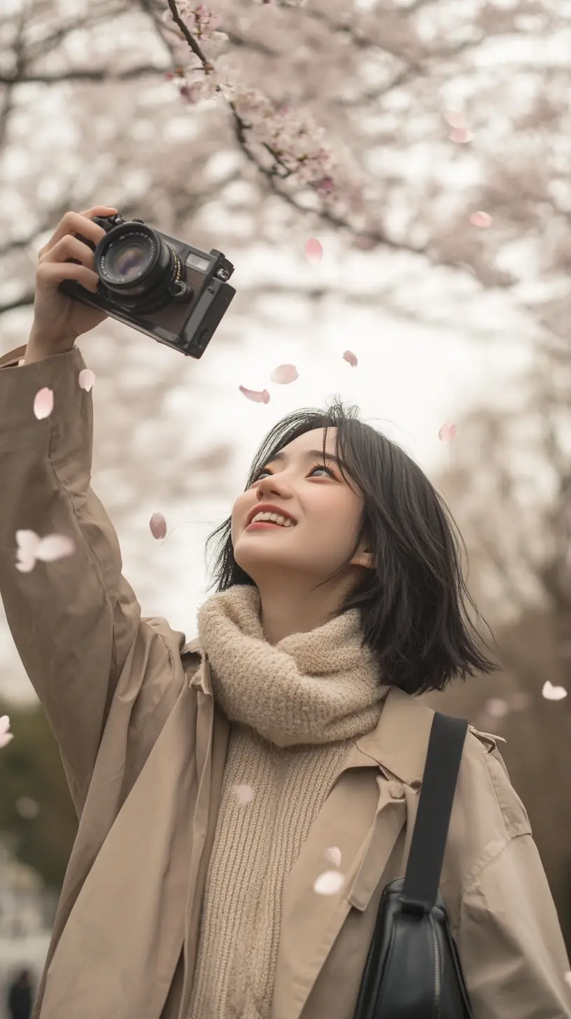 Fröhliches Anime-Mädchen mit Kamera unter Kirschblüten