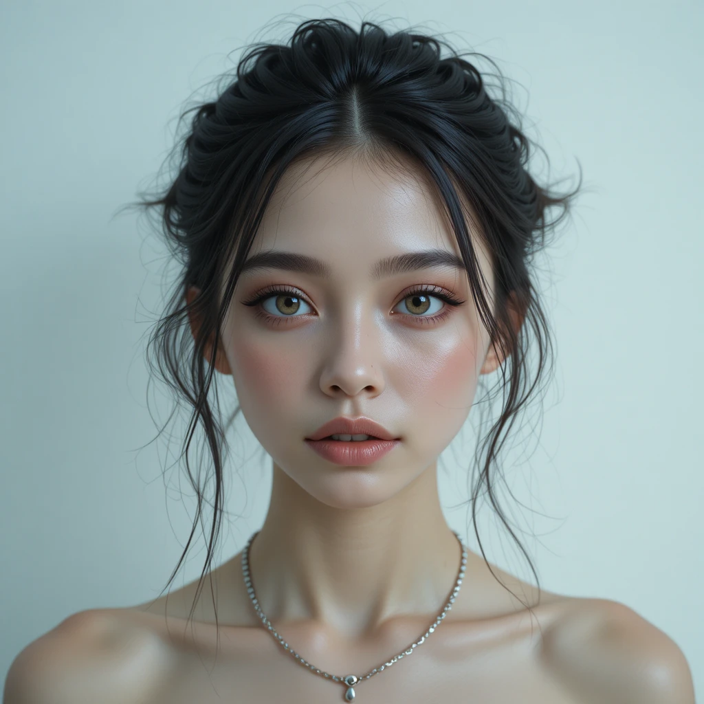 Retrato em close de uma jovem pálida com olhos cinzentos