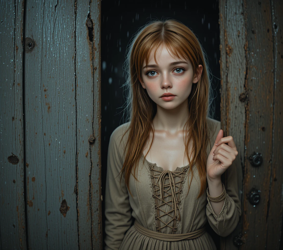 Terrified red haired girl peeking from a barn door at night