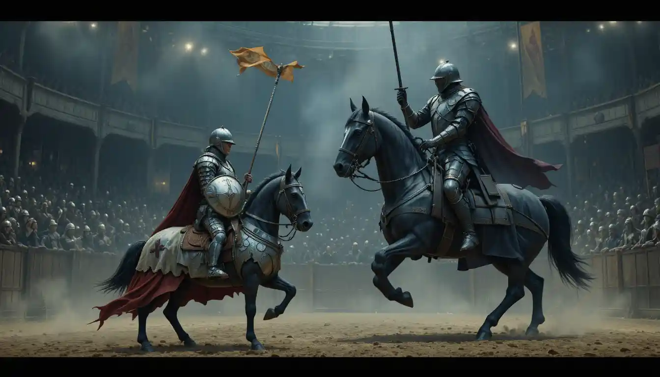 Cavaliere medievale su un minuscolo pony che entra in un’arena di giostra