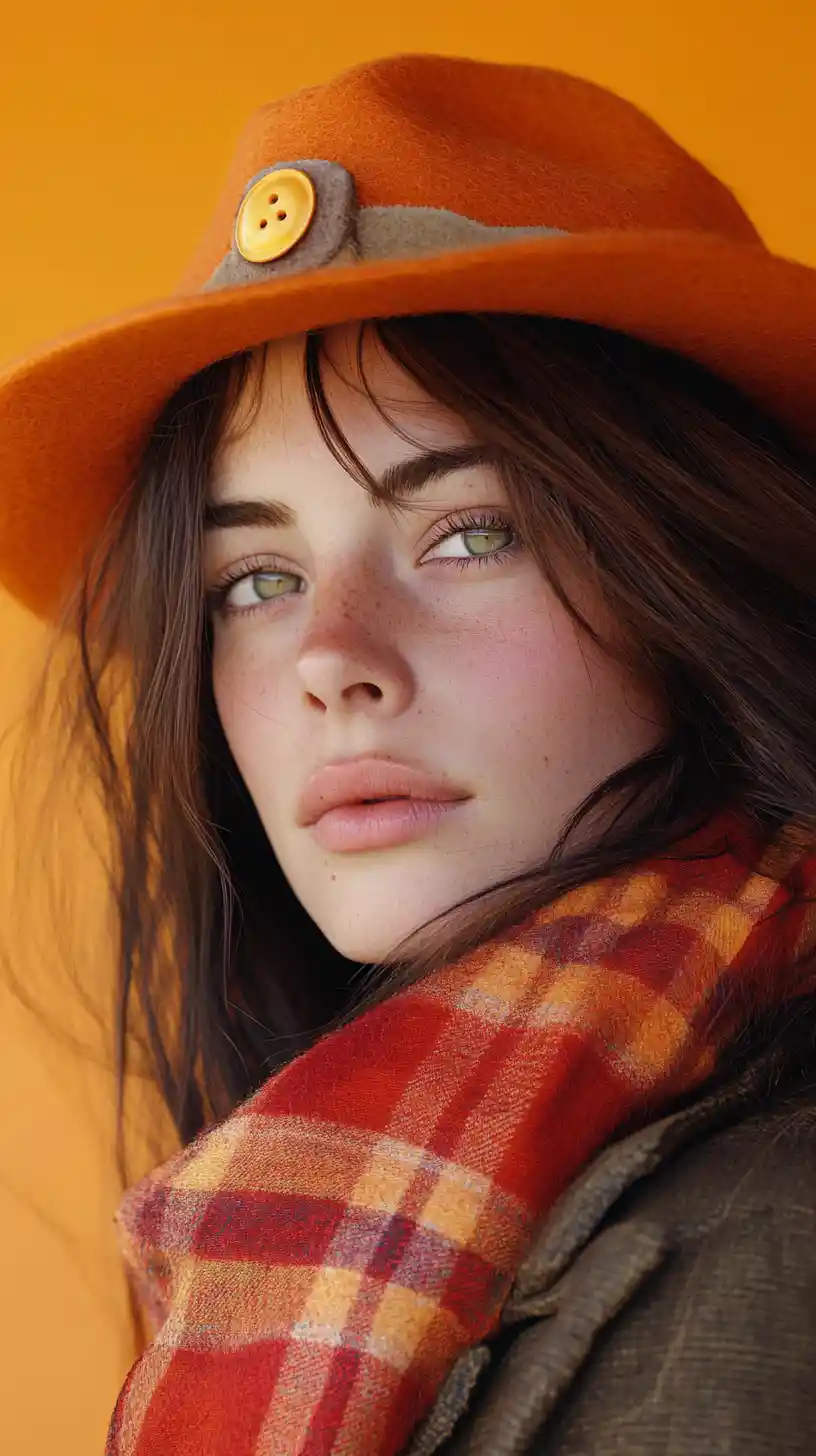 Young woman in orange hat with red plaid scarf