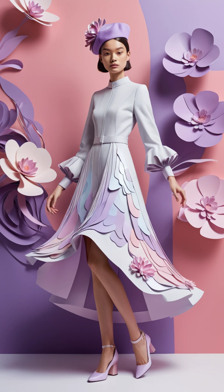 Paper sculpted fashion woman in soft futuristic scene