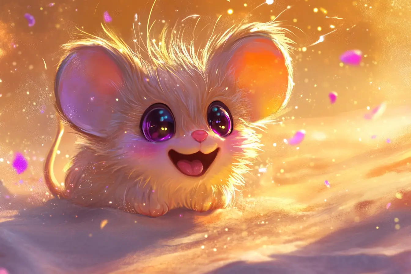 Fröhliche Chibi-Maus, die in funkelndem Wüstensand herumrollt