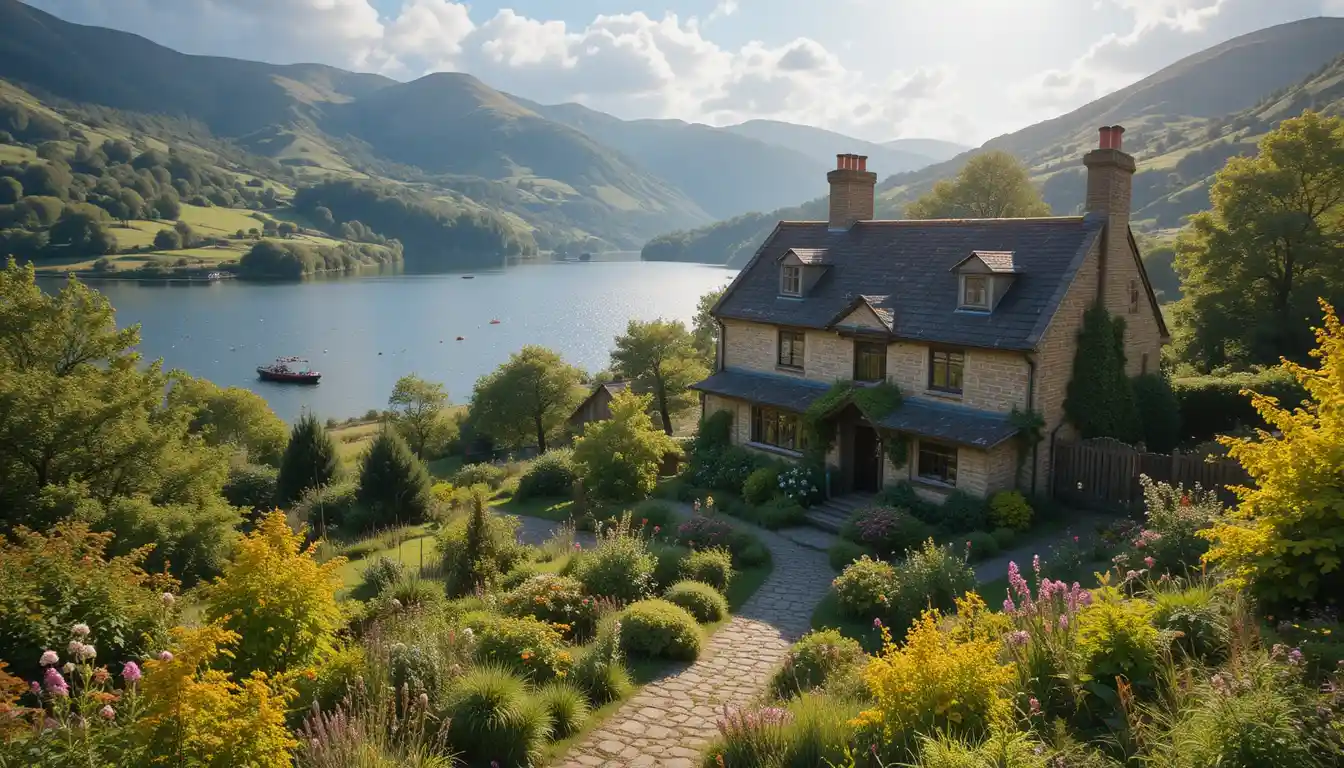 Stein cottage mit Gärten an einem sonnigen ländlichen See