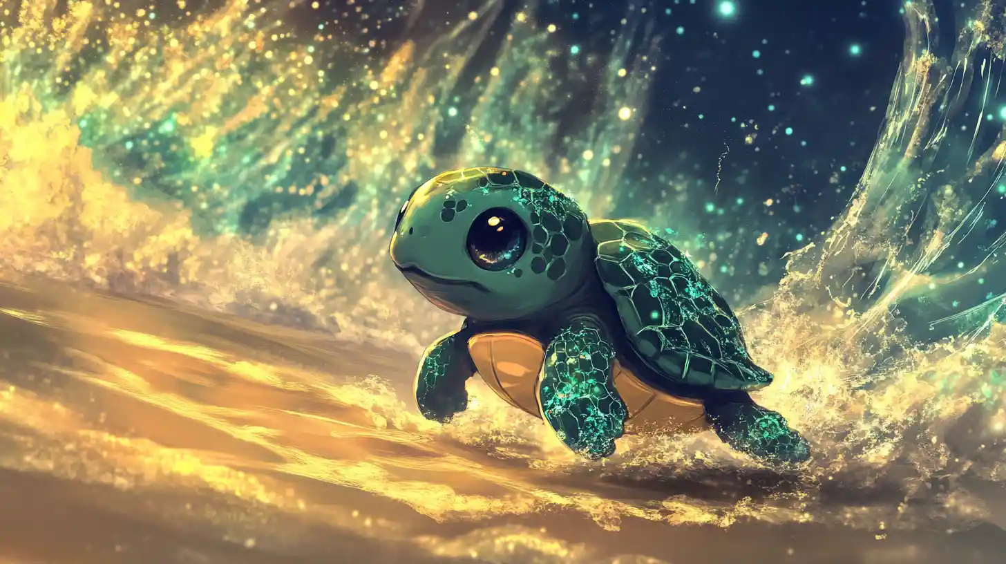 Surrealer Chibi-Schildkröte an einem leuchtenden traumhaften Tropenstrand
