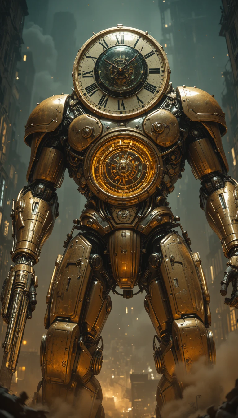 Kolossaler mech mit Uhrenkopf überragt zerstörte futuristische Stadt
