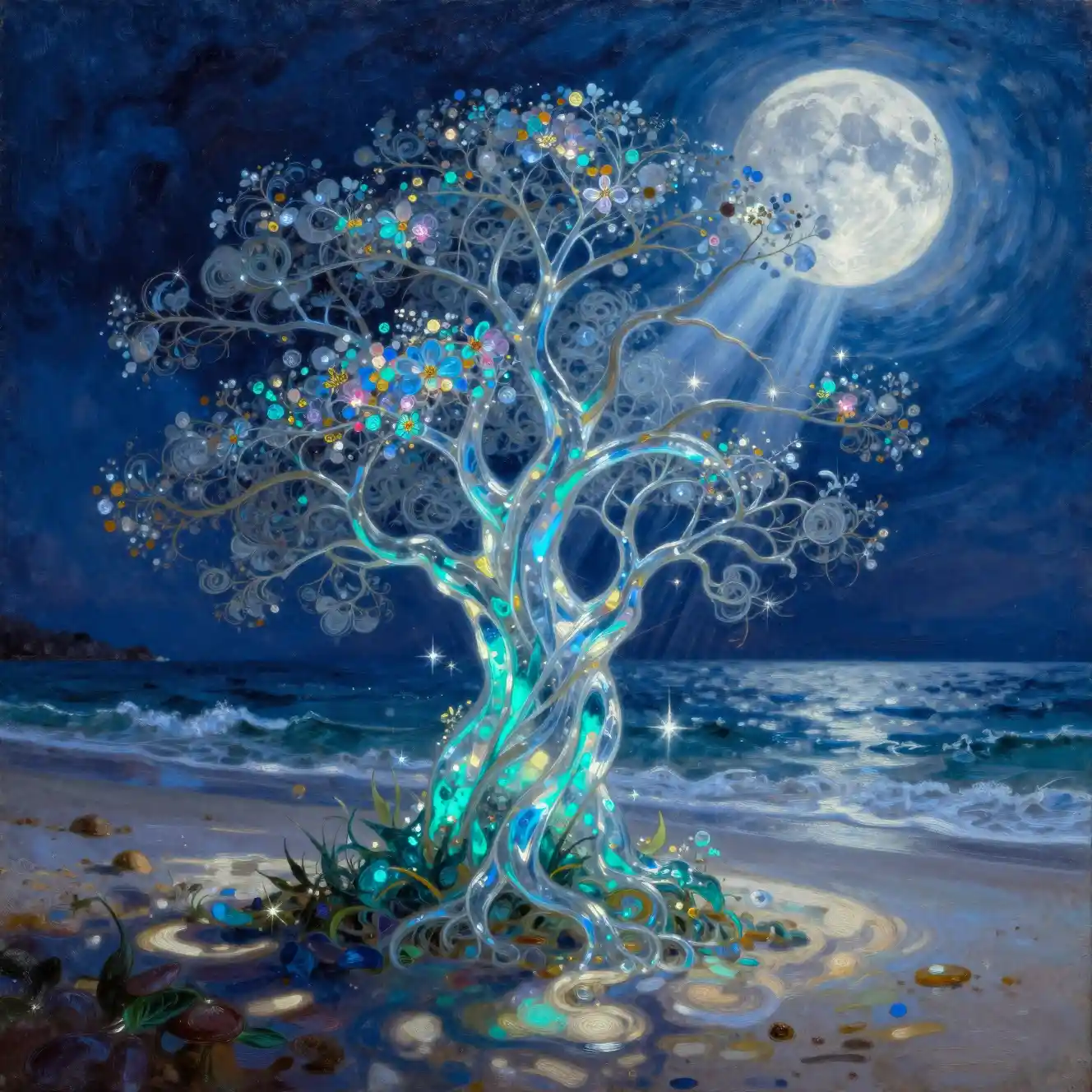 Fantastischer mondbeschienener Strand mit wirbelnden Bäumen und Blumen