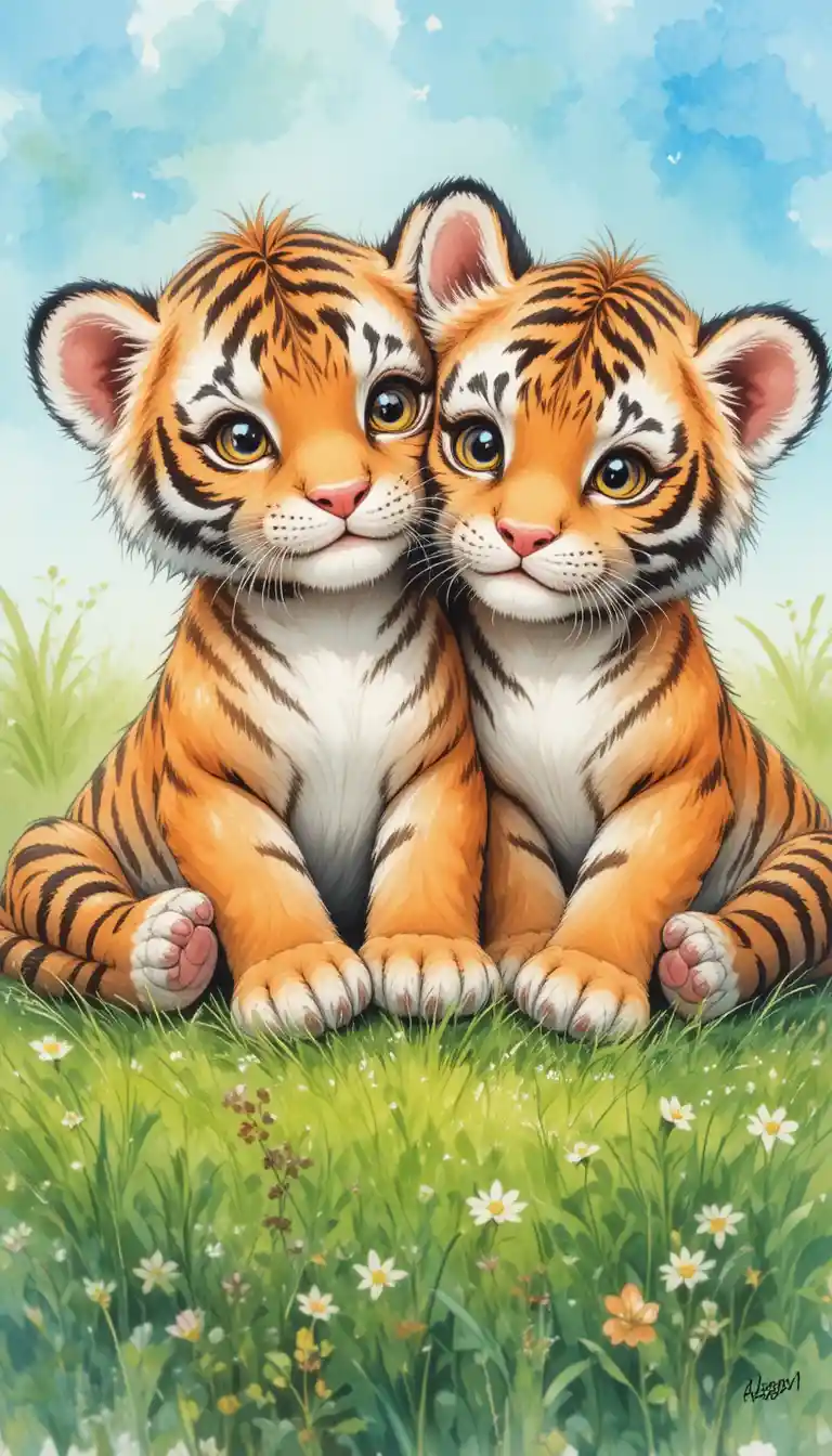 Dos adorosos cachorros de tigre acurrucados en un prado soleado