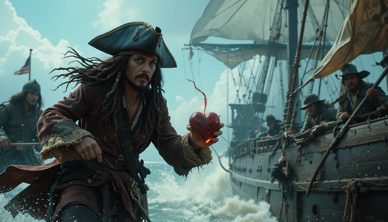 Pirata em disparada no mar para conquistar o coração de Davy Jones