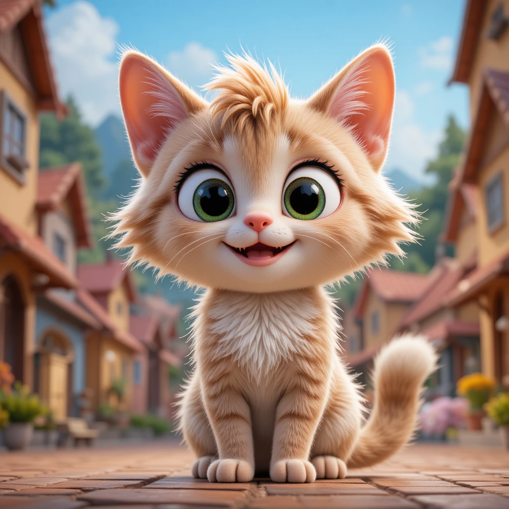Fofo personagem de gato 3D em uma cena de vila colorida