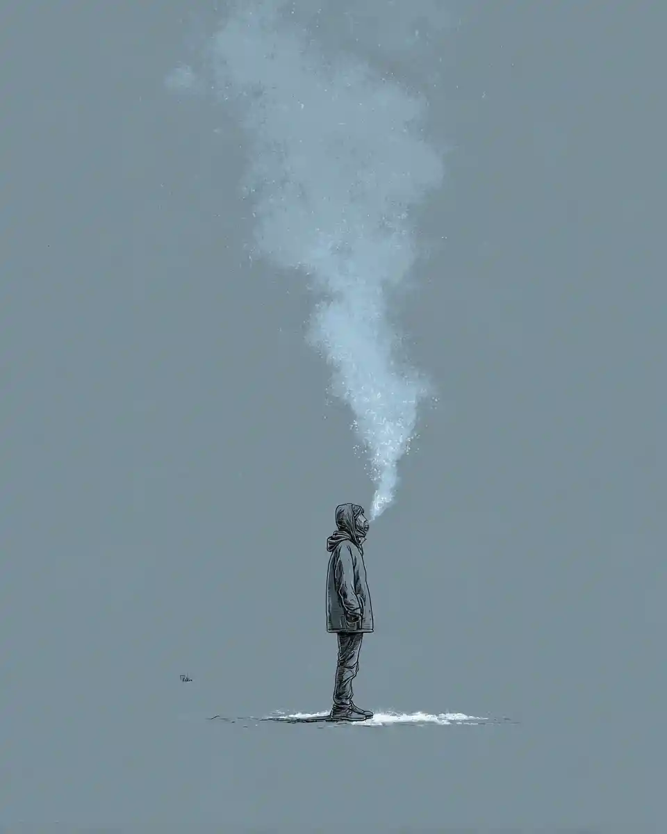 Ilustração de uma figura solitária respirando o ar frio de inverno