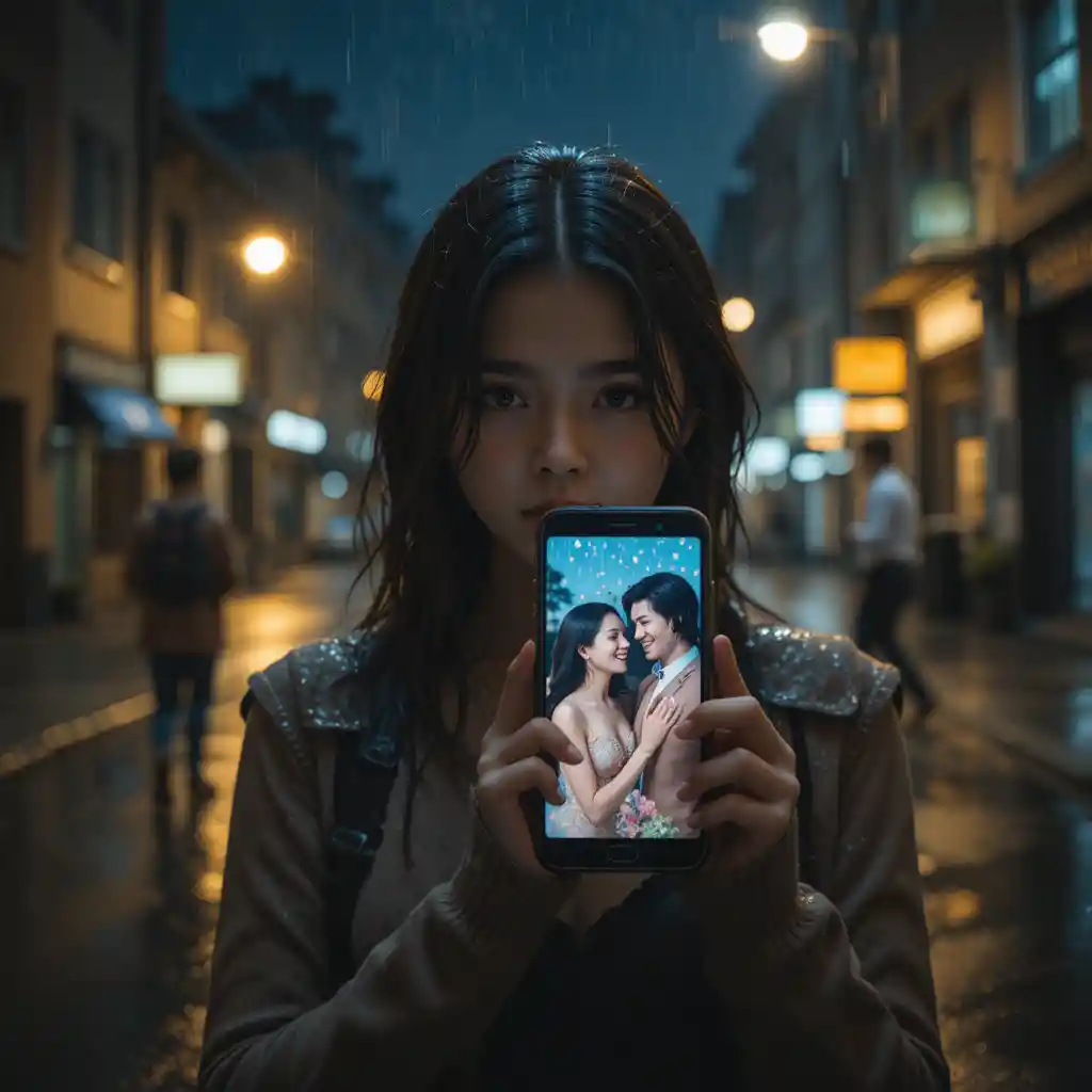 Am Boden zerstörte Frau im Regen mit leuchtendem Handy