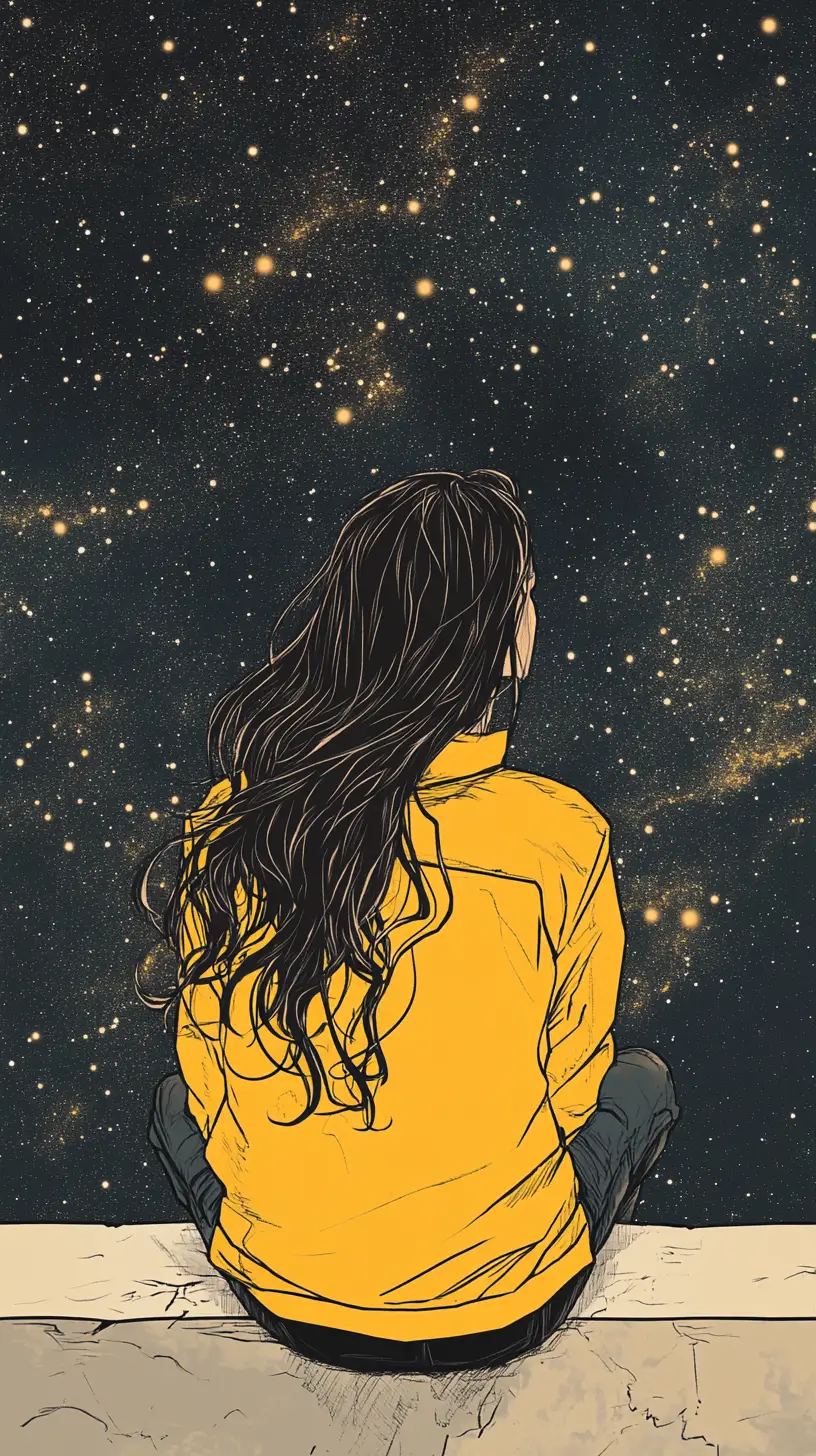 穿黃外套的女孩凝望星空