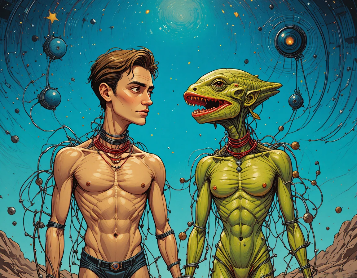 Surreal hybrid man and alien bound within red ring