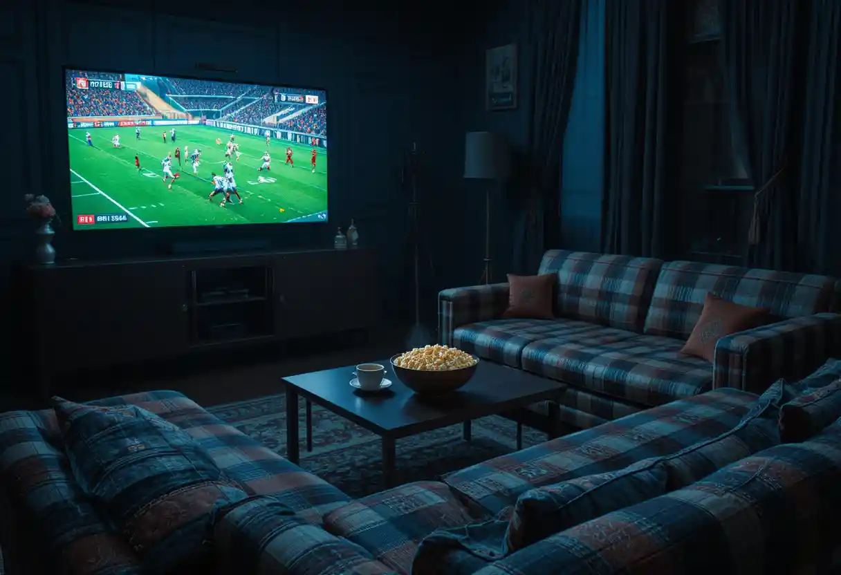 Sala de estar oscura con sofá frente a un televisor iluminado