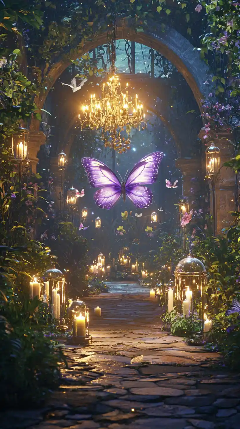 Jardim encantado à luz de velas com borboleta roxa brilhante