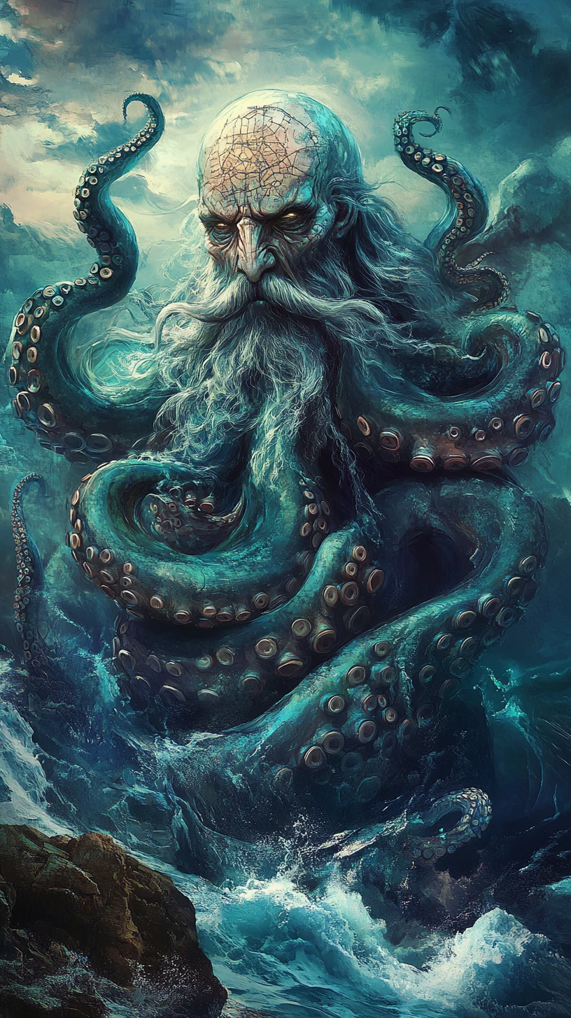 Ancient octohuman guardian rising from a stormy turquoise sea