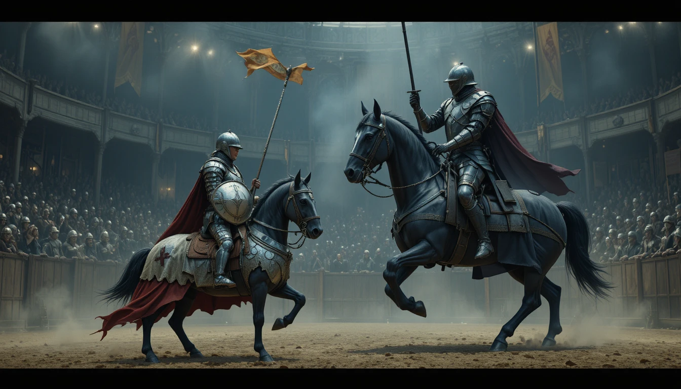 Cavaleiro medieval em um pequeno pônei entrando em uma arena de justa