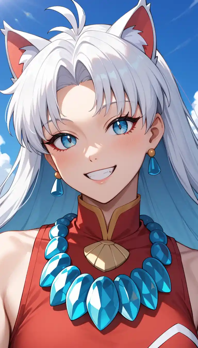 Confident anime man with split red and white hair
