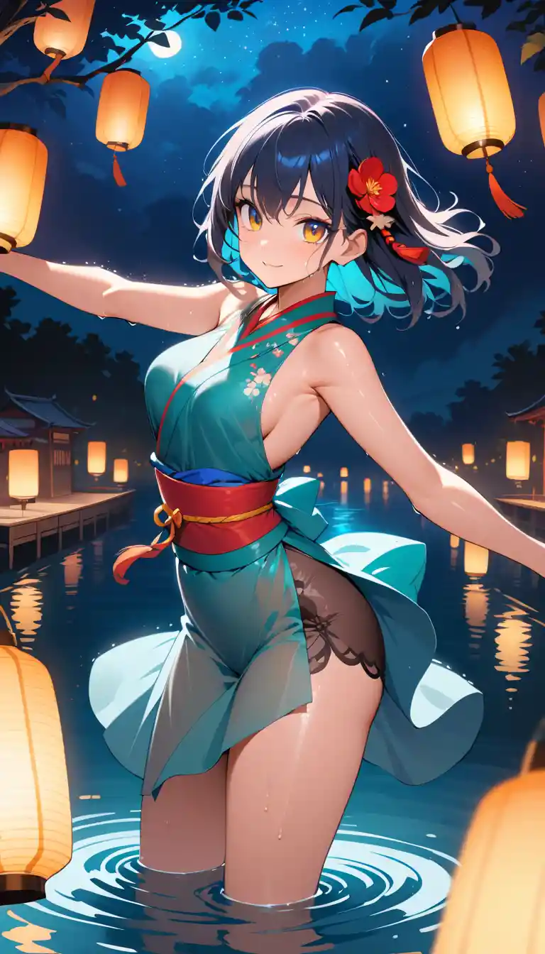 Anime woman dancing in a lantern lit river at night