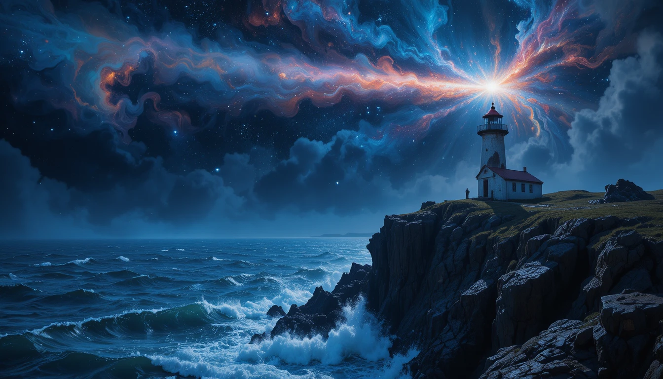 Farol Sobre um Mar Cósmico Noturno em Turbulência