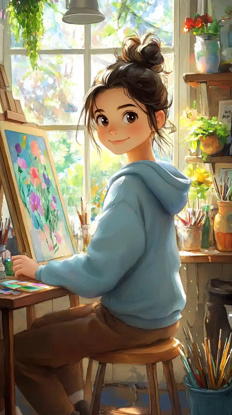 Jeune artiste peignant à un bureau chaleureux dans un atelier d’aquarelle