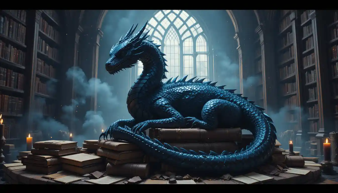 Dragon iridescent gardant d’anciens volumes dans une bibliothèque éclairée par les étoiles