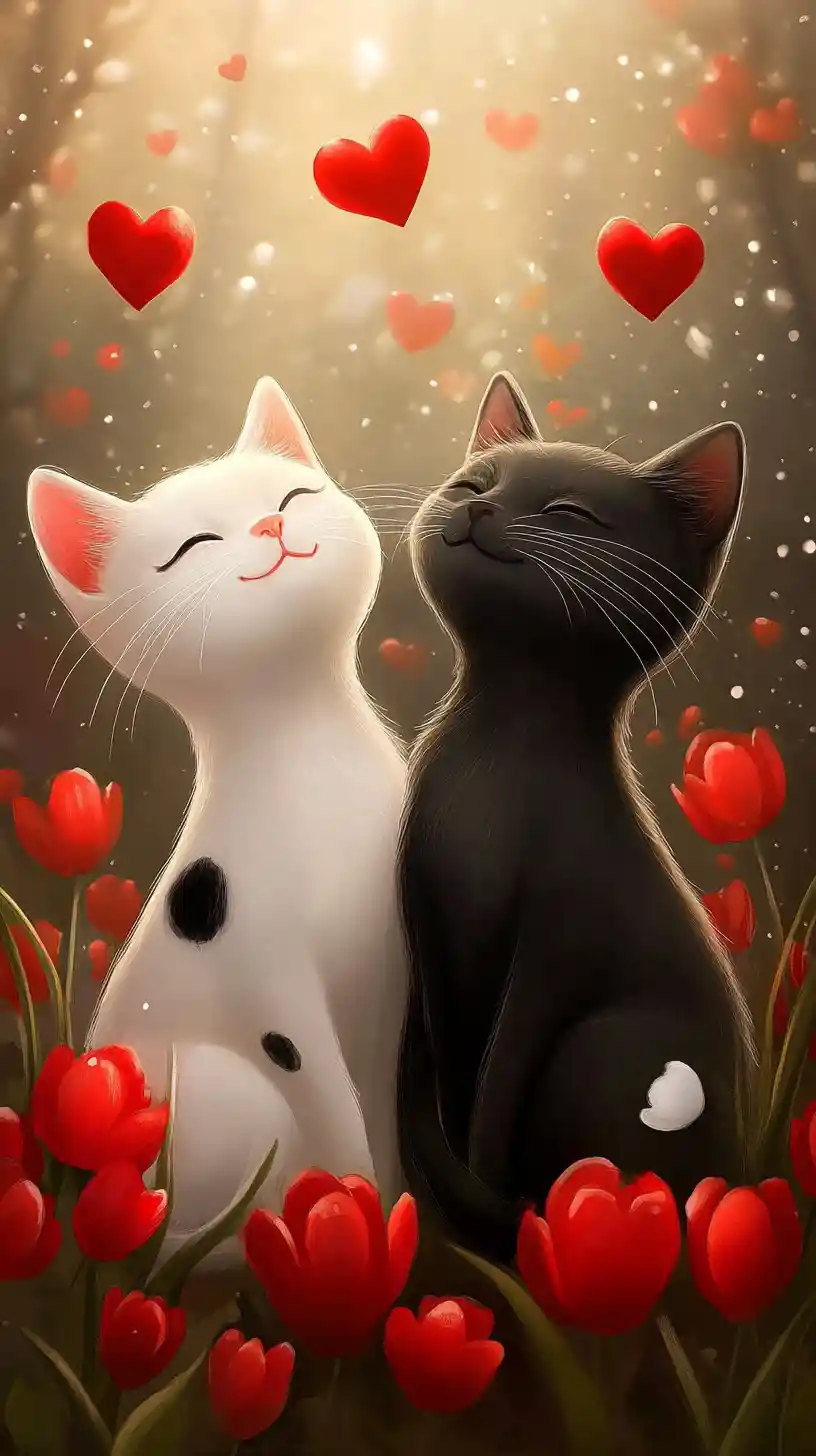 Gatti fantasy sorridenti tra tulipani rossi in un villaggio a pois