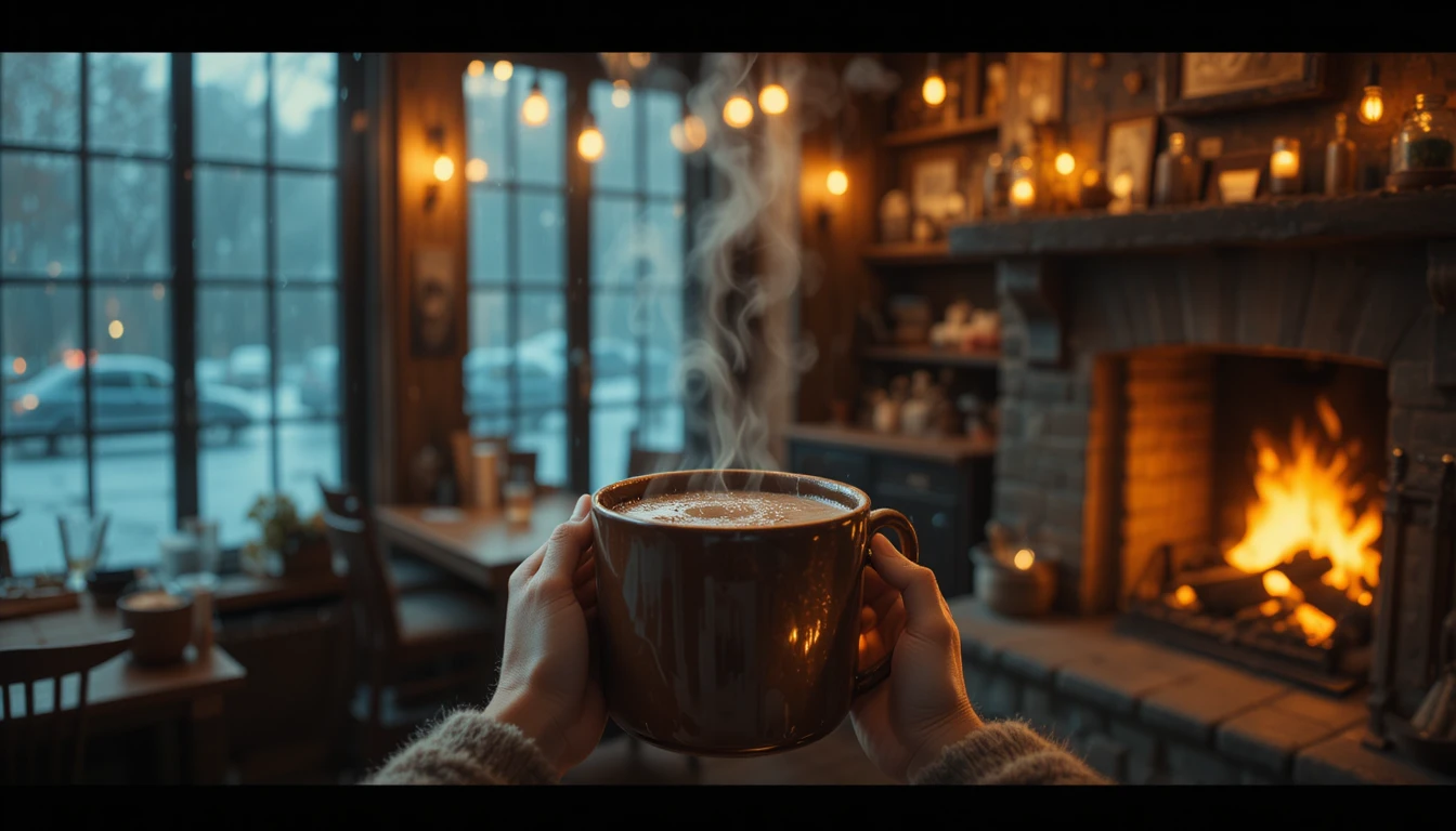 Café chaleureux : des mains tiennent une tasse fumante près de la cheminée