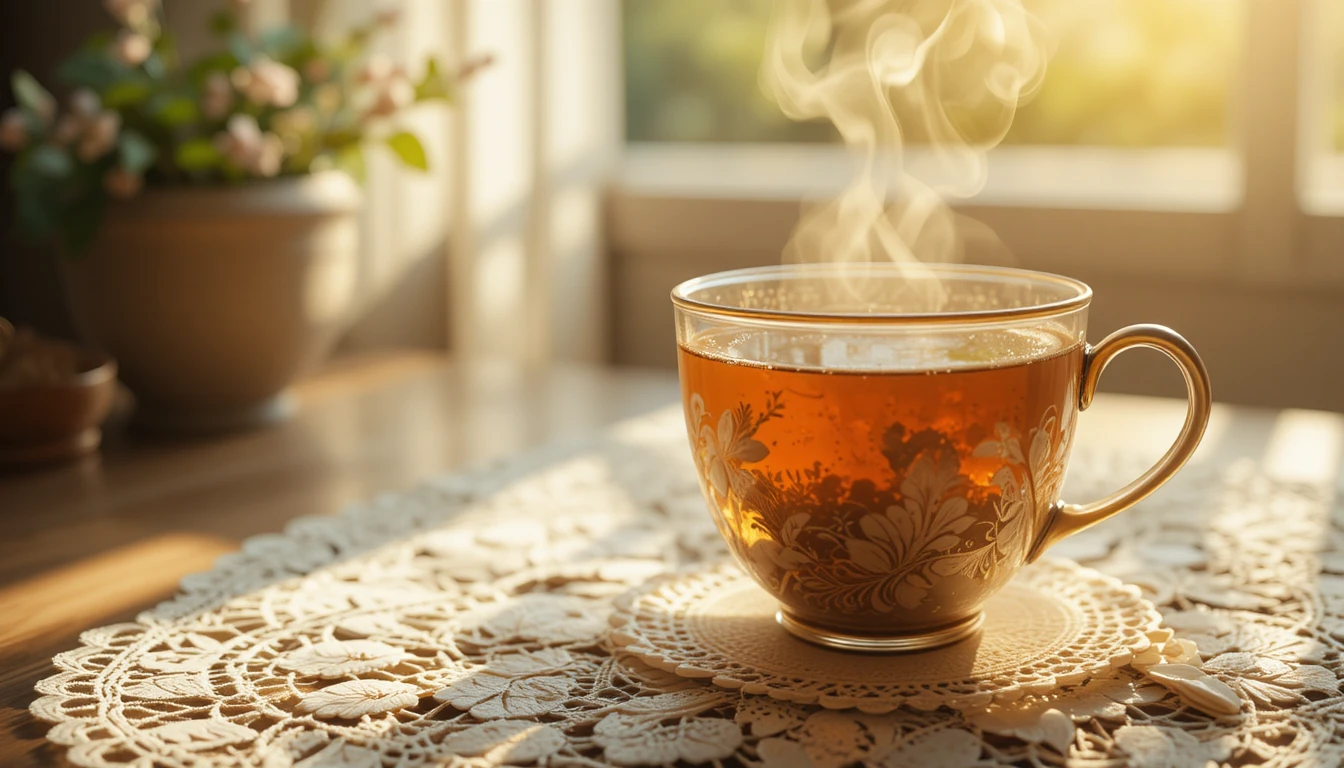 Xícara de chá vintage com infusão de ervas na luz morna da janela