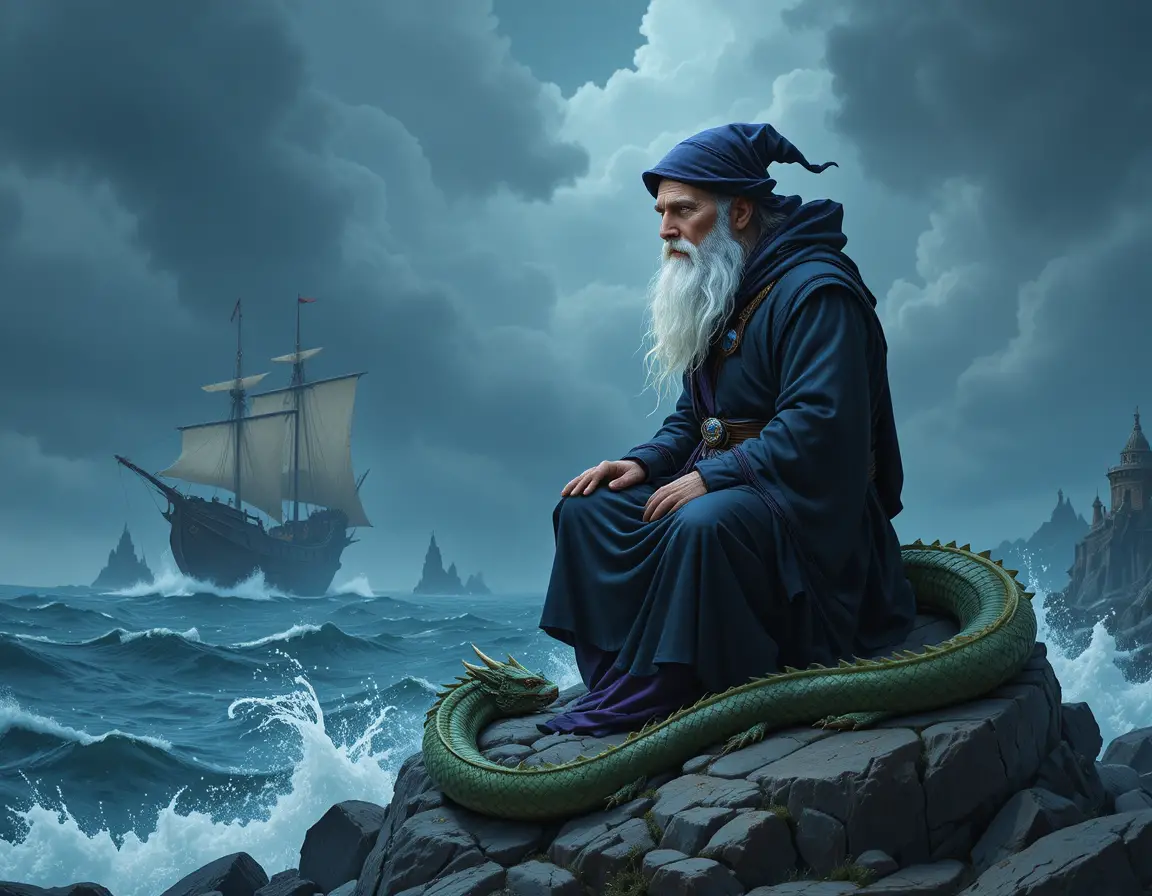 Old wizard on a rocky shore with coiled green dragon