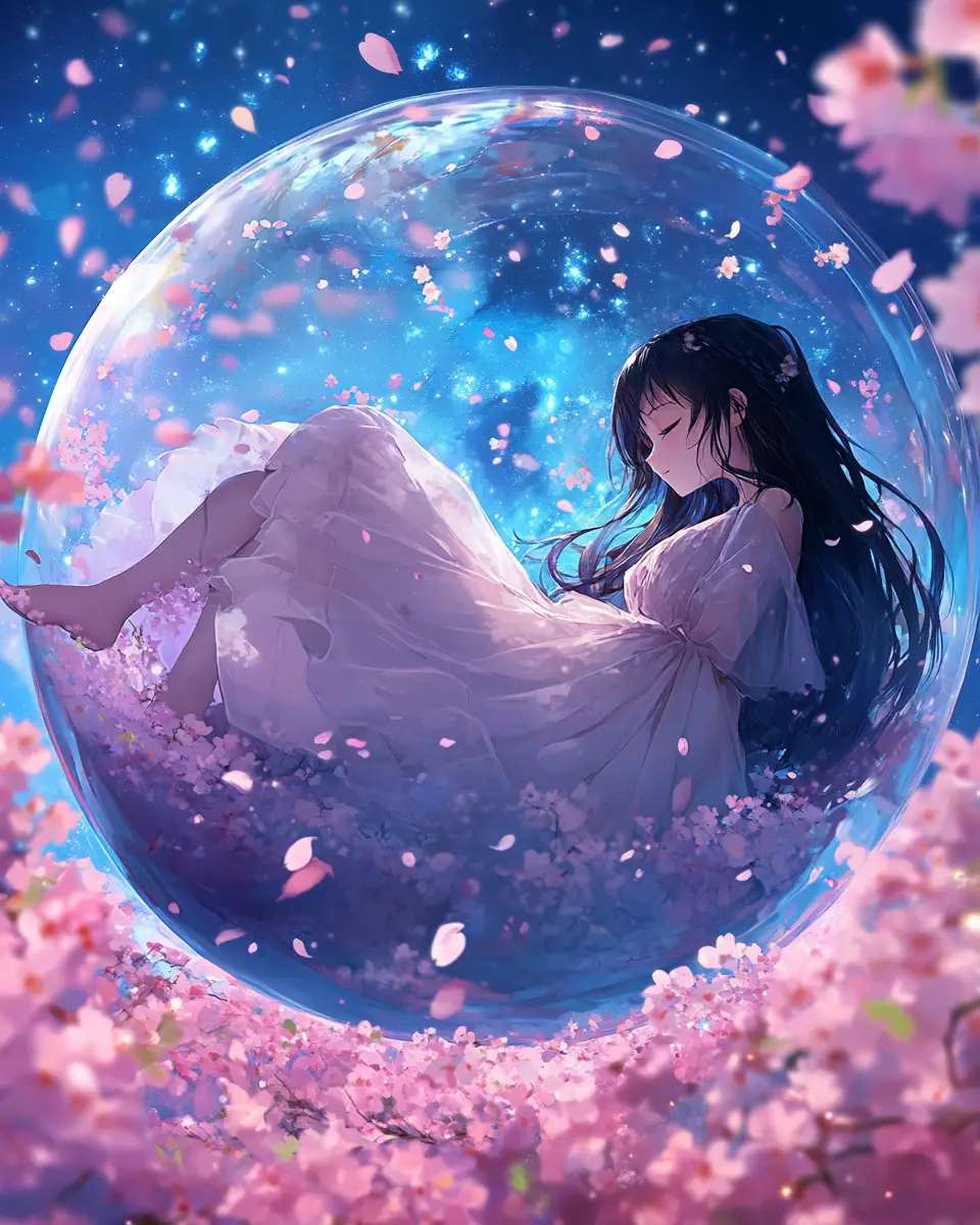 櫻花與星辰相伴玻璃罐中的動漫女子