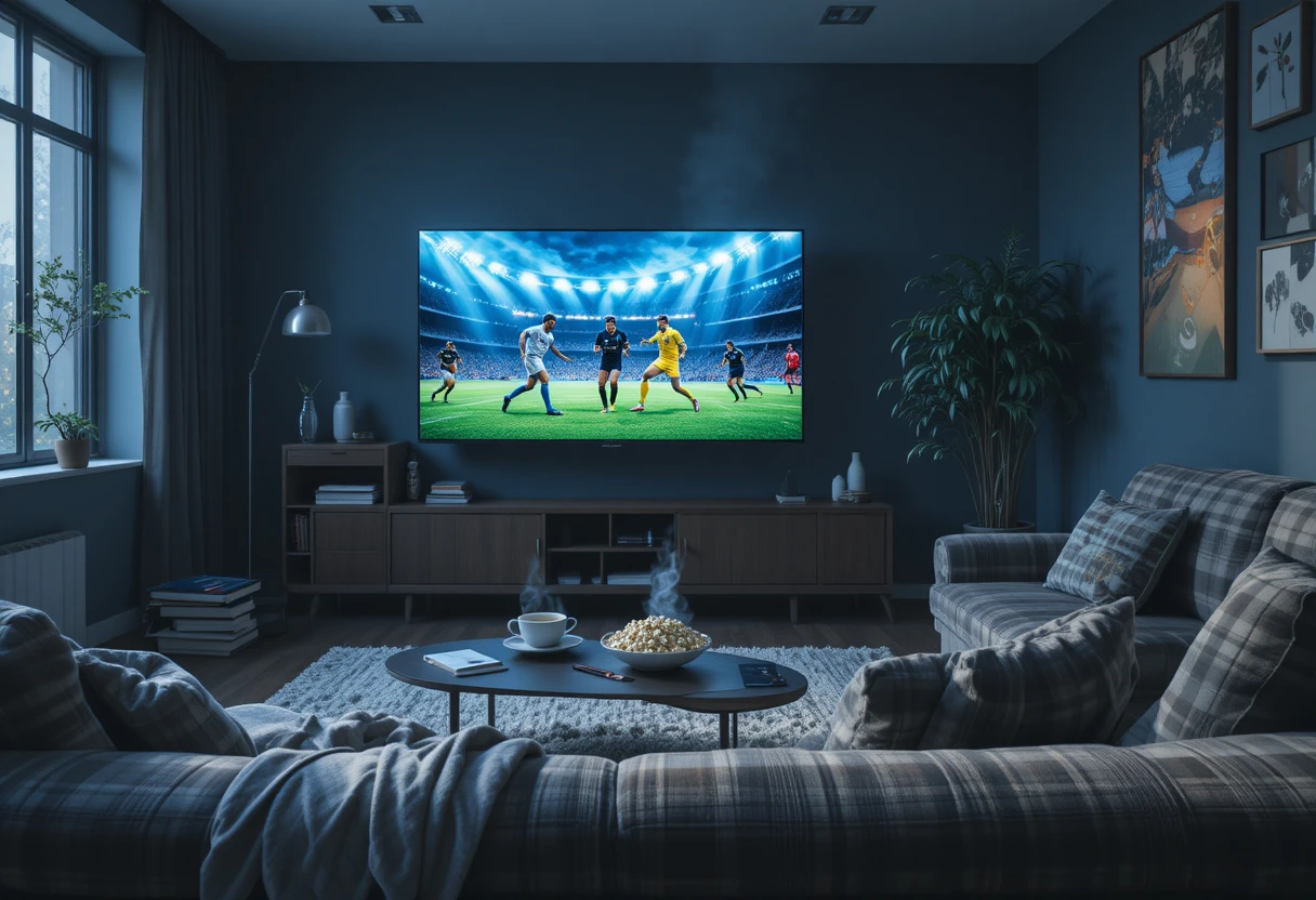 Sala de estar aconchegante com sofá e TV passando futebol