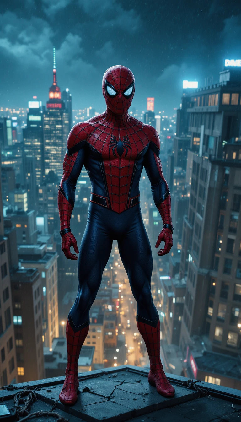 Superhero Standing Alert On City Rooftop At Night