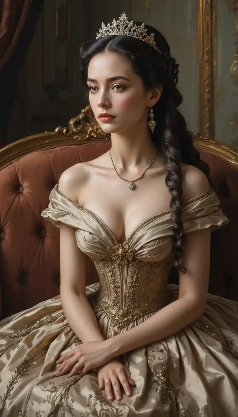 Elegant duchess of Savoy seated on a velvet couch