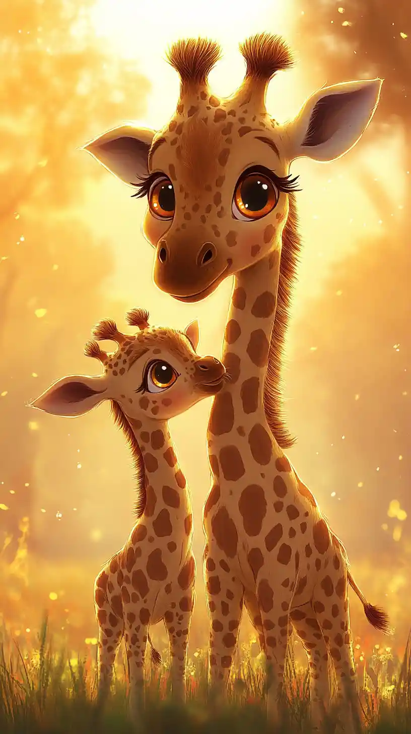 Dolce giraffa chibi mamma e cucciolo nella savana al tramonto