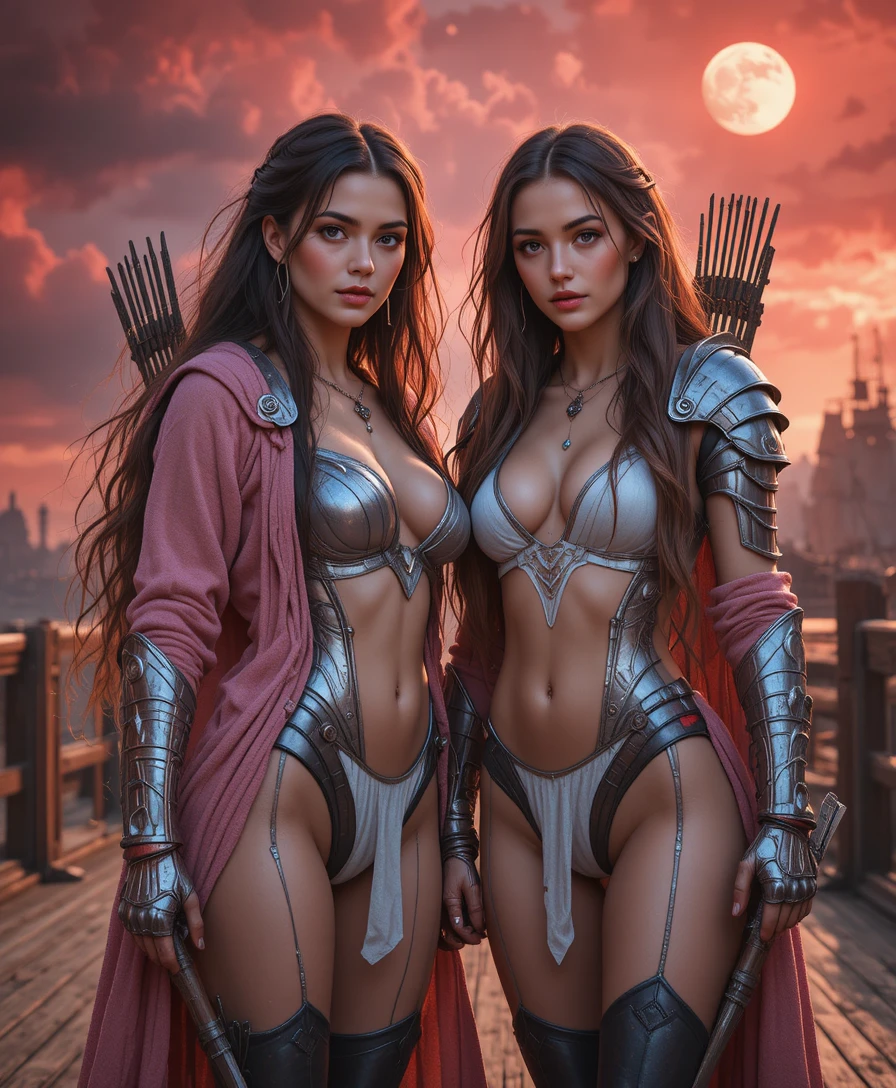 Two fantasy warrior women on a ship in fiery sky