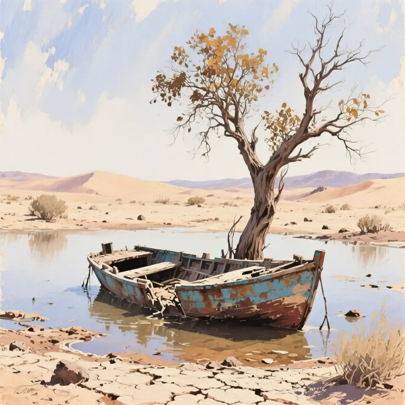 Pintura a óleo de um barco em decomposição em um leito seco de lago no deserto
