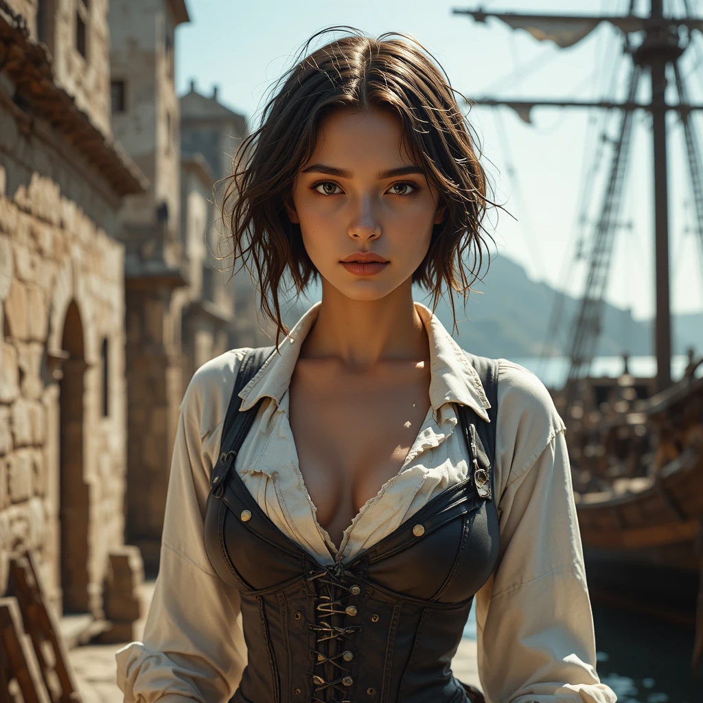 Jeune capitaine pirate confiante dans un port baigné de soleil