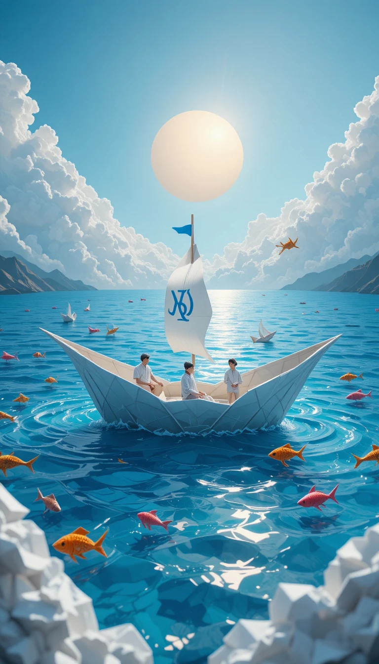 Barco de papel origami navegando en un vasto océano azul