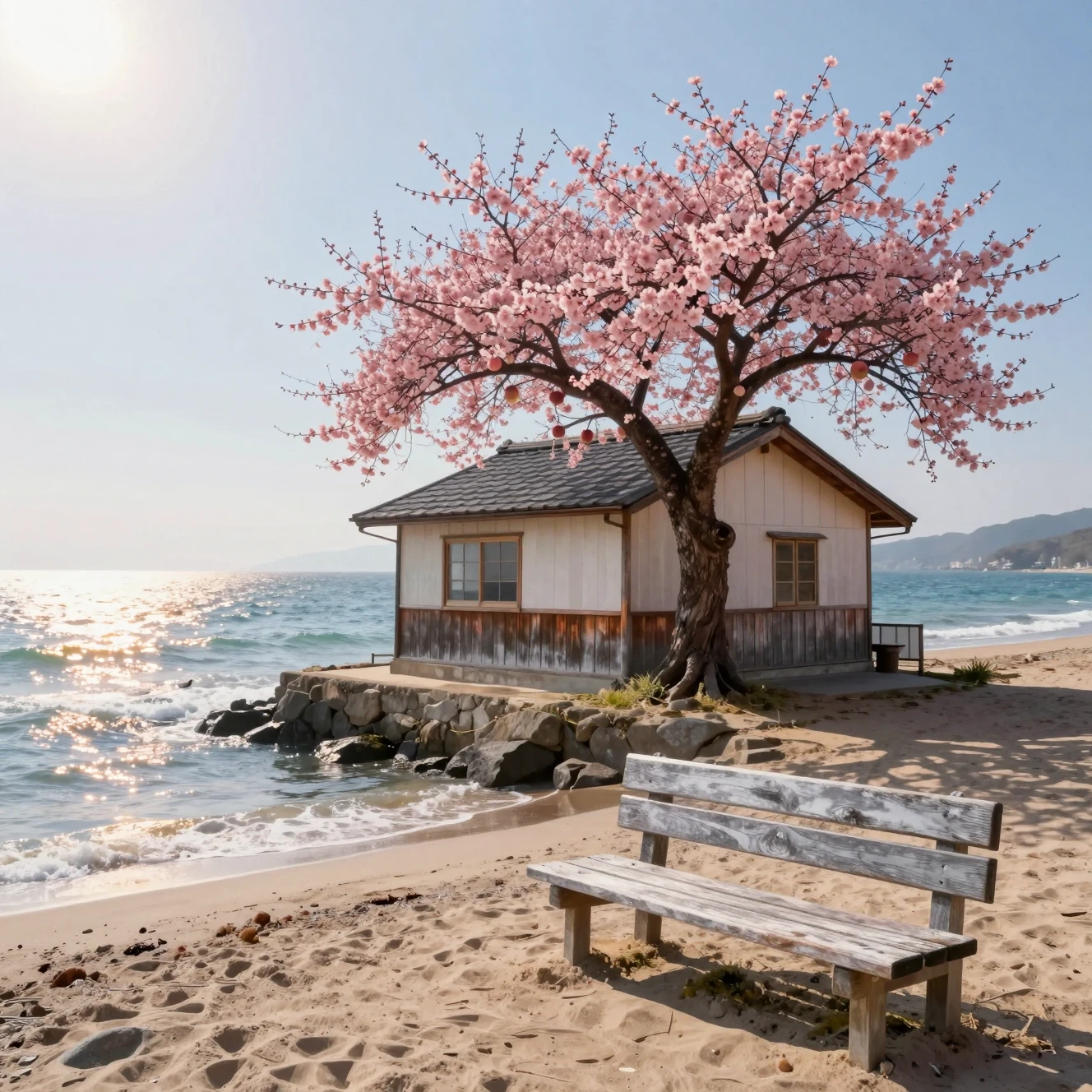Casa tranquila em ilha com ameixeira em mar calmo