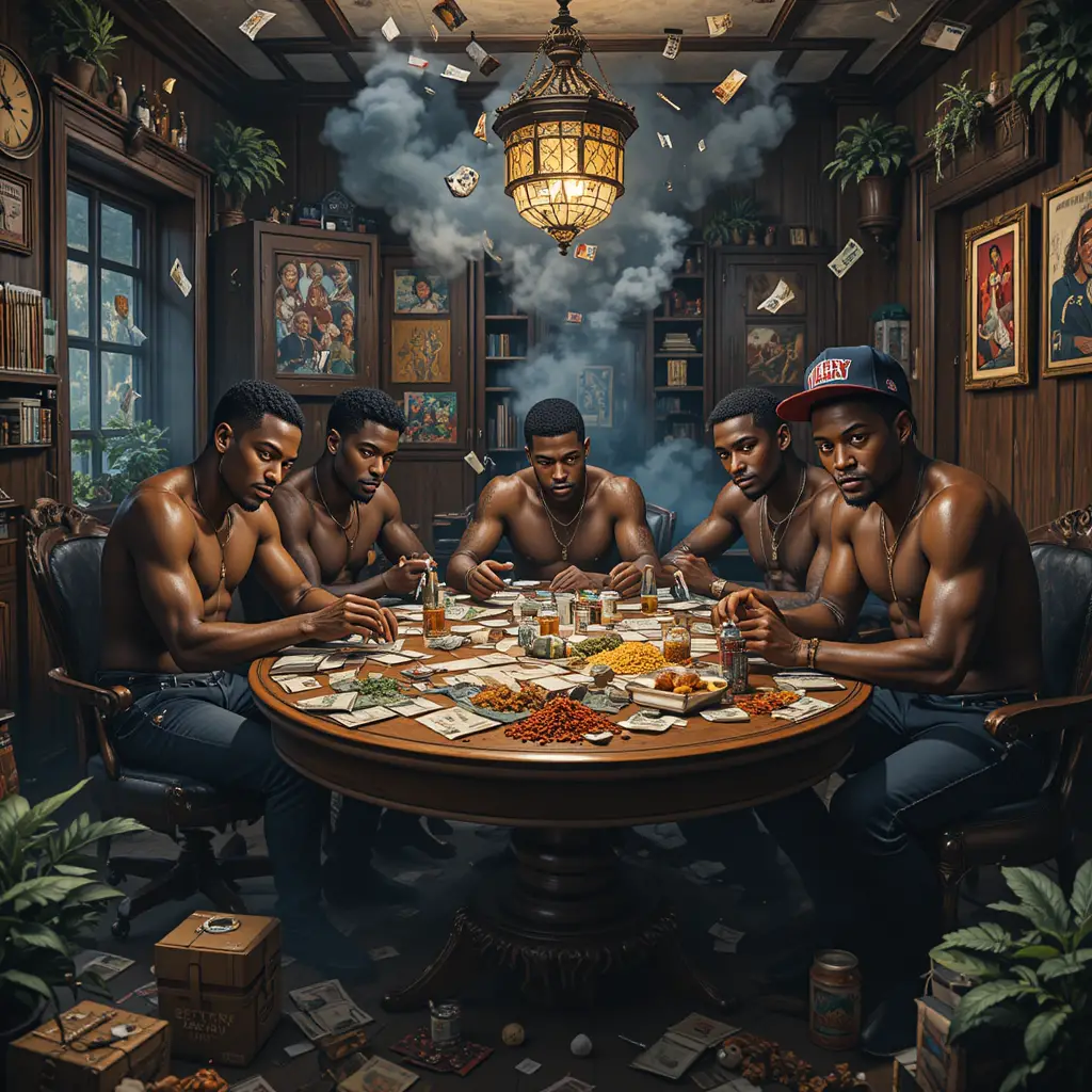 Group of men gambling and rolling dice in a cluttered room