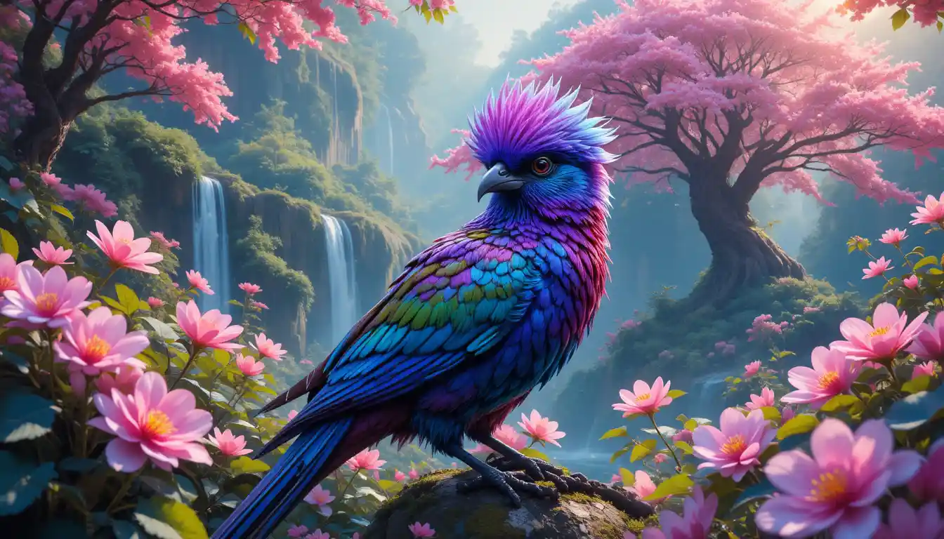 虹彩夢幻鳥歇息在粉色森林花間